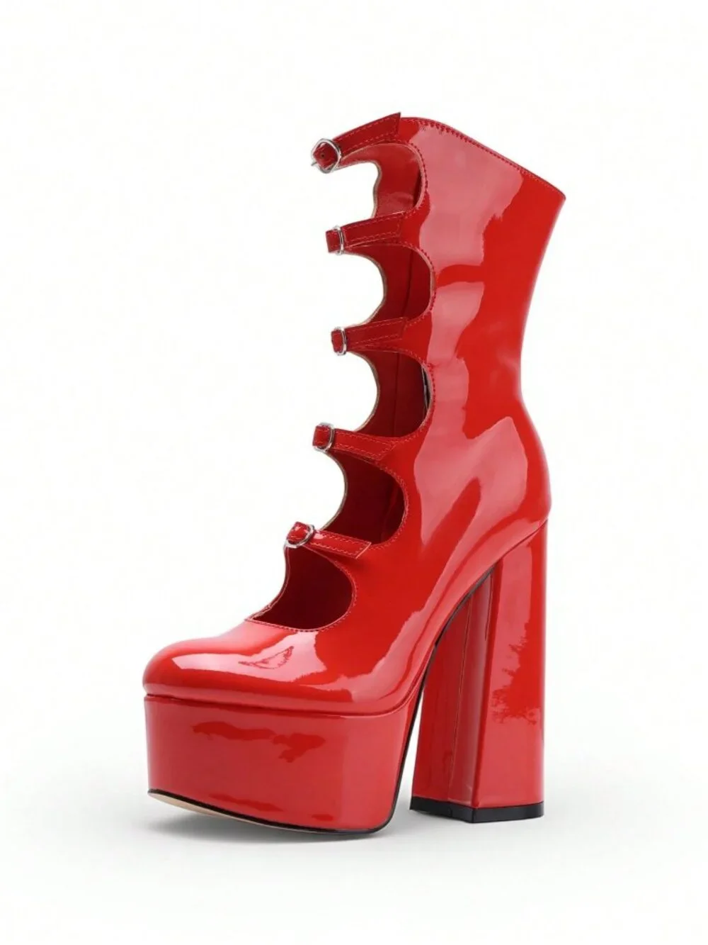 Red Women's Round Toe Cut-Out Platform Chunky Heel Buckle Straps Ankle Boots